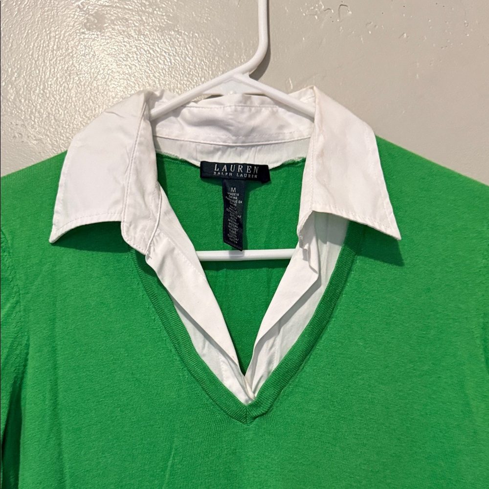 Lauren Ralph Lauren Green Sweater with White Collar and Hemline Medium - Picture 3 of 8